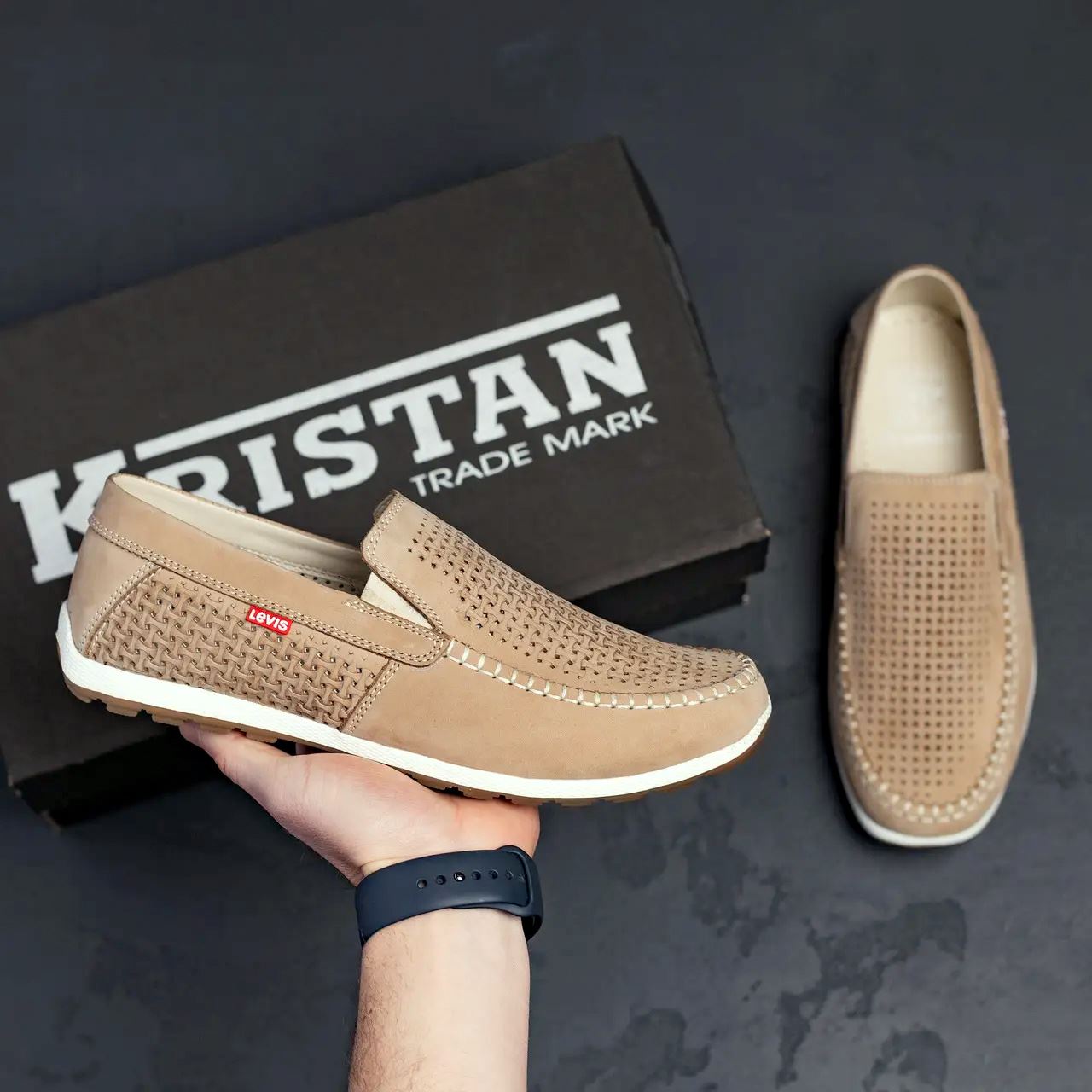 Чоловічі літні шкіряні мокасини LS перфорація Beige