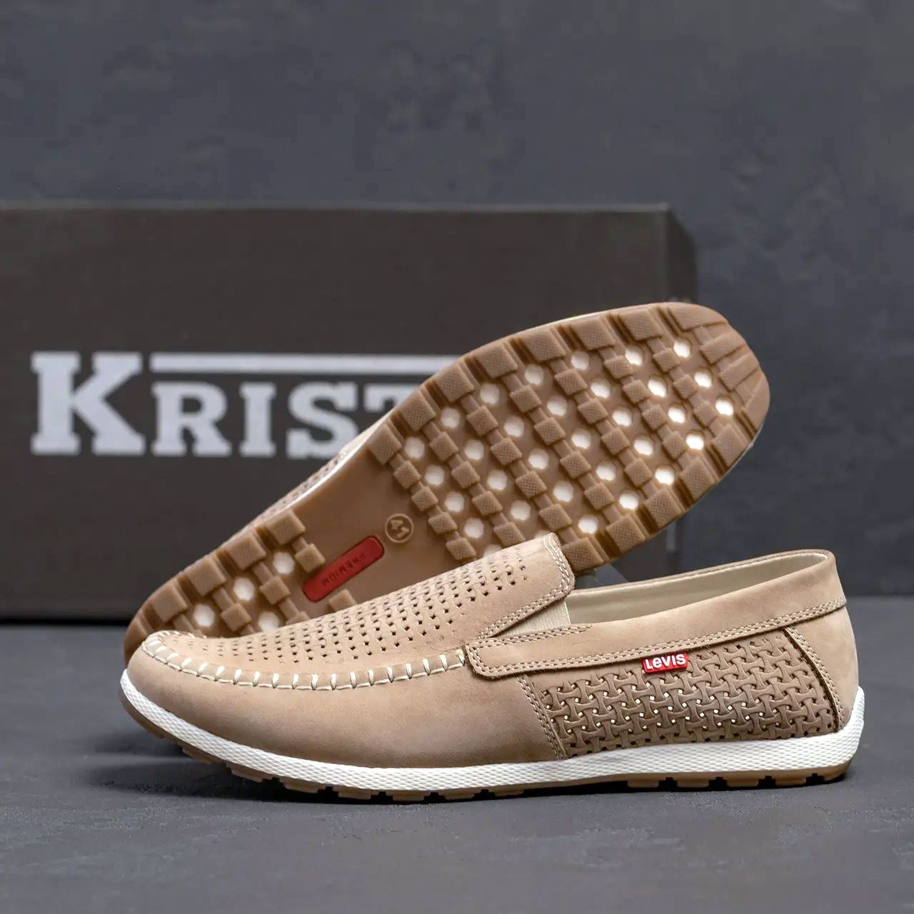 Чоловічі літні шкіряні мокасини LS перфорація Beige