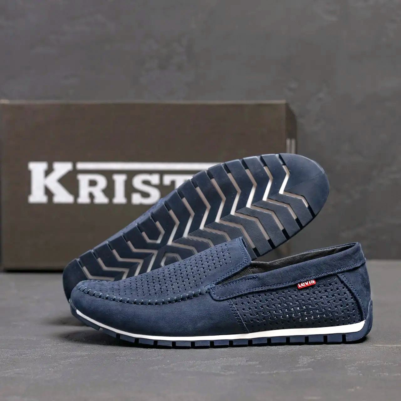 Чоловічі літні шкіряні мокасини LS перфорація Dark blue